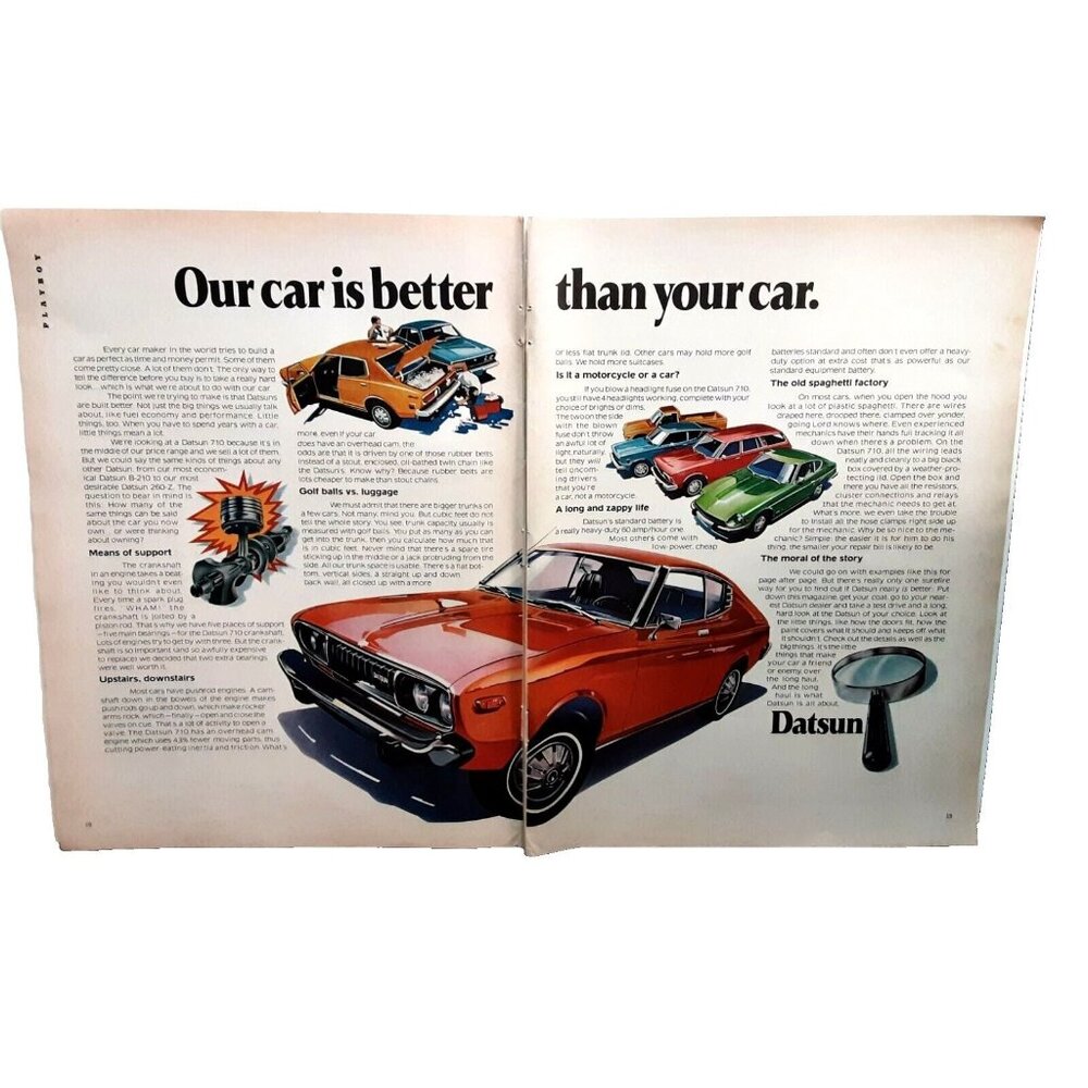 1974 Datsun Our Car Is Better 2 Page Print Ad vintage 70s